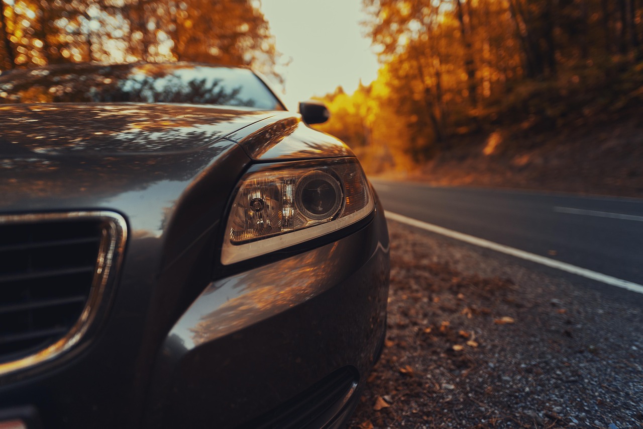car, volvo, headlight, car wallpapers, s40, road, street, fall, autumn, trees, forest, parking, nature, landscape, sun