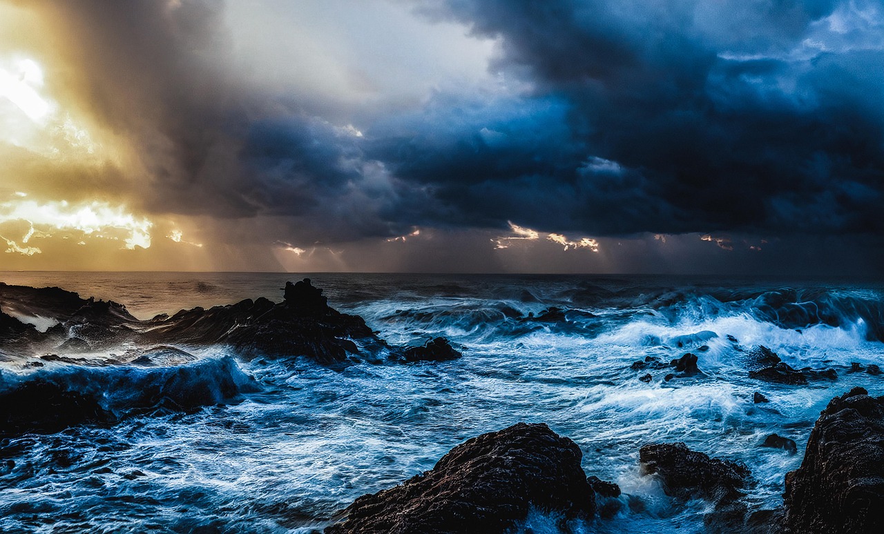 sea, nature, waves, rocks, coast, shore, clouds, water, ai generated