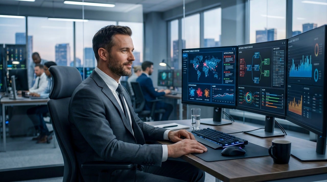 cybersecurity, data analyst, multi-monitor, office space, modern office, professional man, workspace, computer, technology, desk, innovative, focus, tailored suit, business solutions, urban office, concentration, urban business, business, professional photography