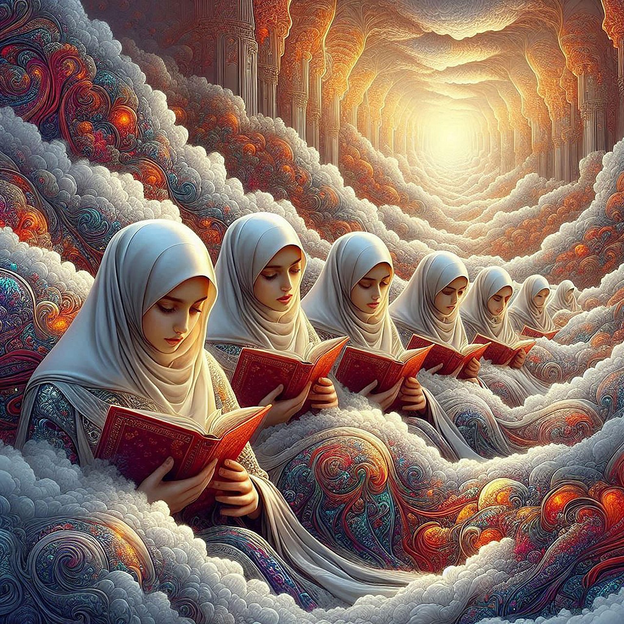 ai generated, women, muslim, clouds, hijab, scarf, nature, islam, turban, mystic, religious, faith