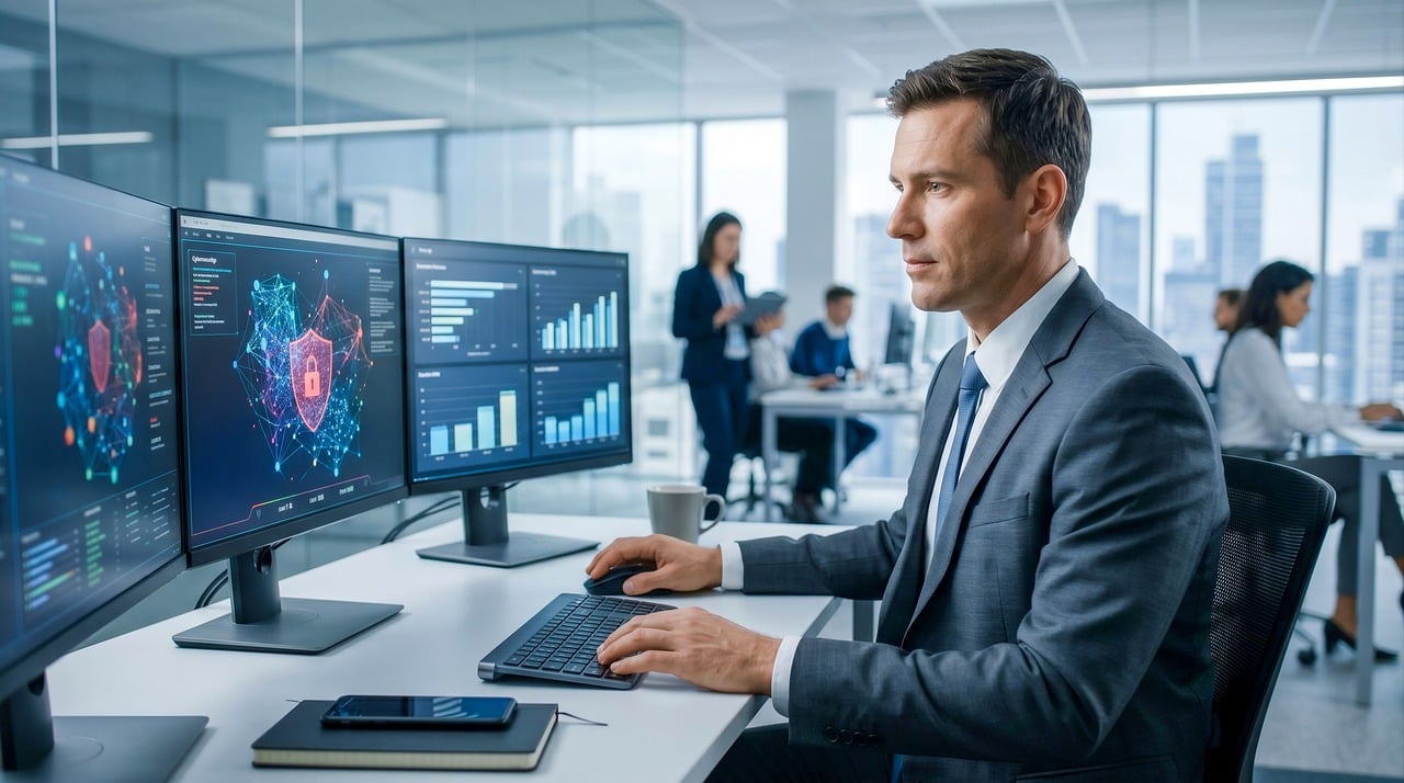 ai generated, business, as profile photo, cybersecurity, data analyst, office space, modern office, multi-monitor, corporate man, professional photography, technology, workspace, high resolution, tailored suit, computer, people, innovative, desk, urban business, concentration, focus, business solutions