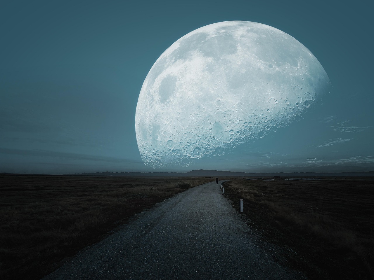 moon, road, night, night sky, sky, space, nature, meadow, grassland, landscape, universe, science fiction, mystery, horizon, dark