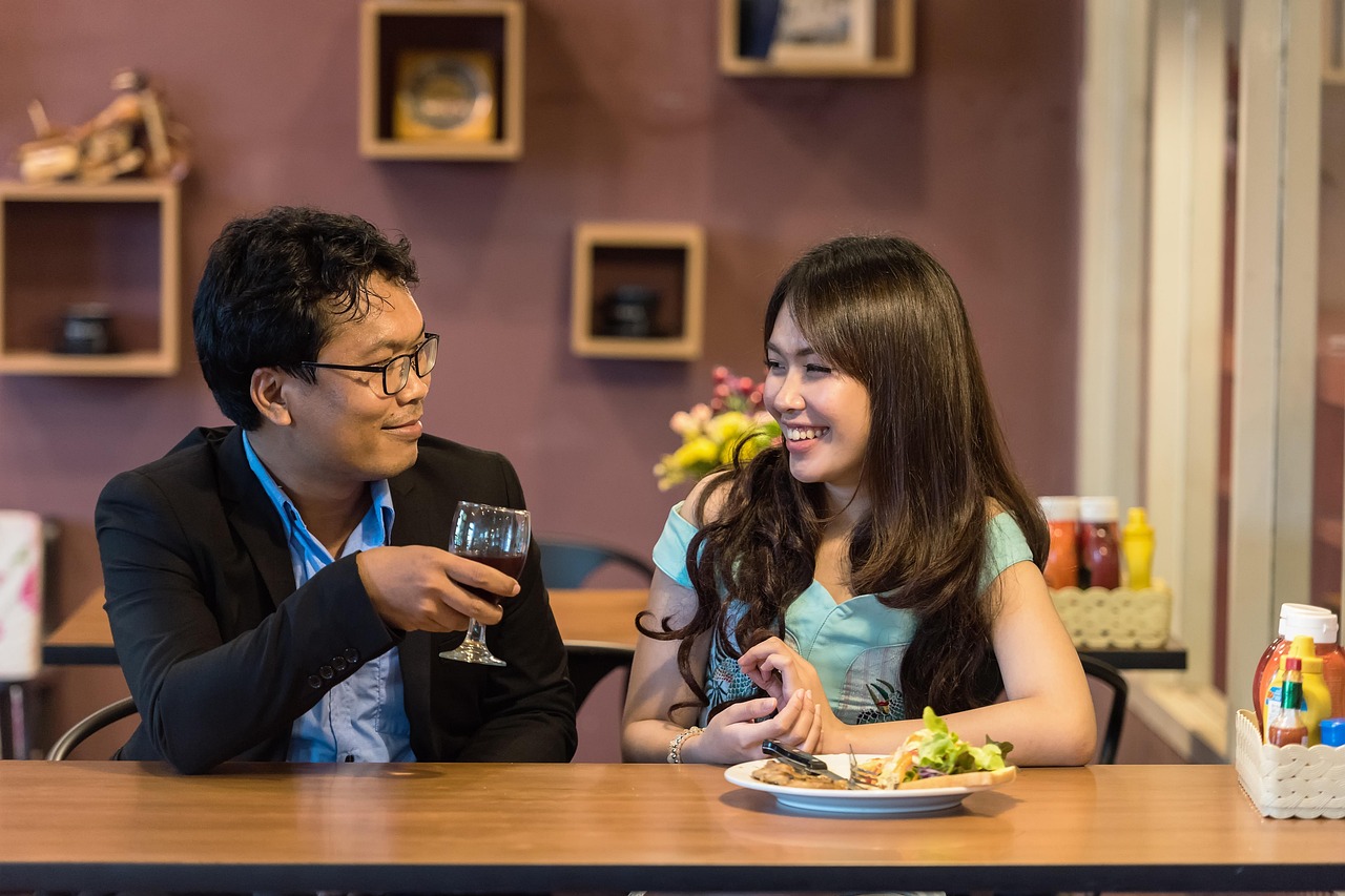 happy valentines day, couple, restaurant, dating, drink, smiling, man, woman, adult, girlfriend, boyfriend, talk, conversation, together, lovers, romance, relationship, cheers, food, valentines, leisure, eating, dinner, asian