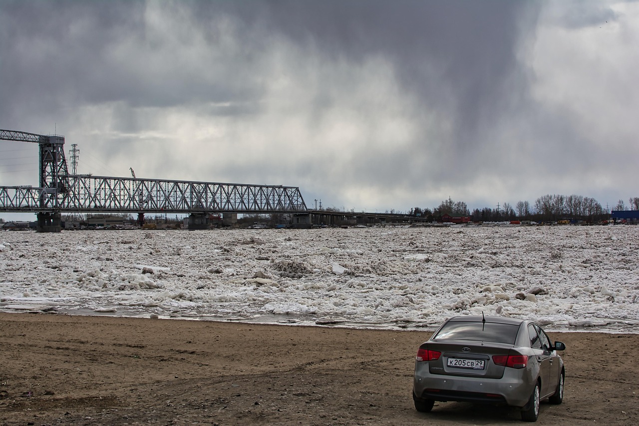 car, river, ice drift, bridge, nature, kia rio, transport, vehicle, auto, automobile, clouds, car wallpapers, sky, spring, arkhangelsk, northern dvina, landscape